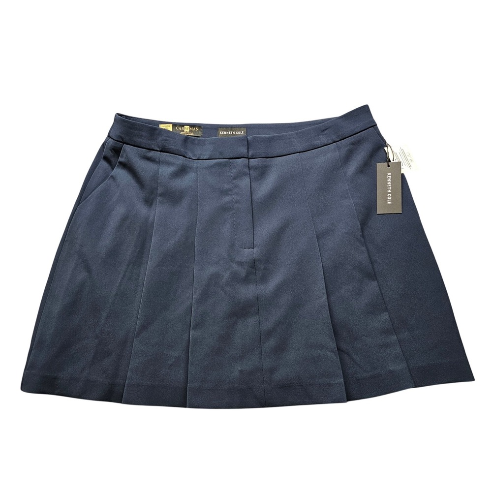 Kenneth Cole Pleated Mini Skirt Womens 14 Navy Blue Carreman Stretch Career New